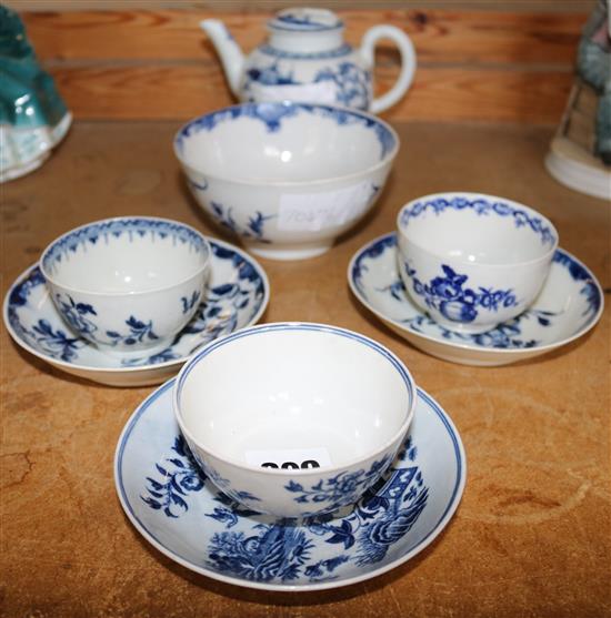 3 x Worcester blue and white tea bowls, 3 saucers, a sugar bowl and teapot
